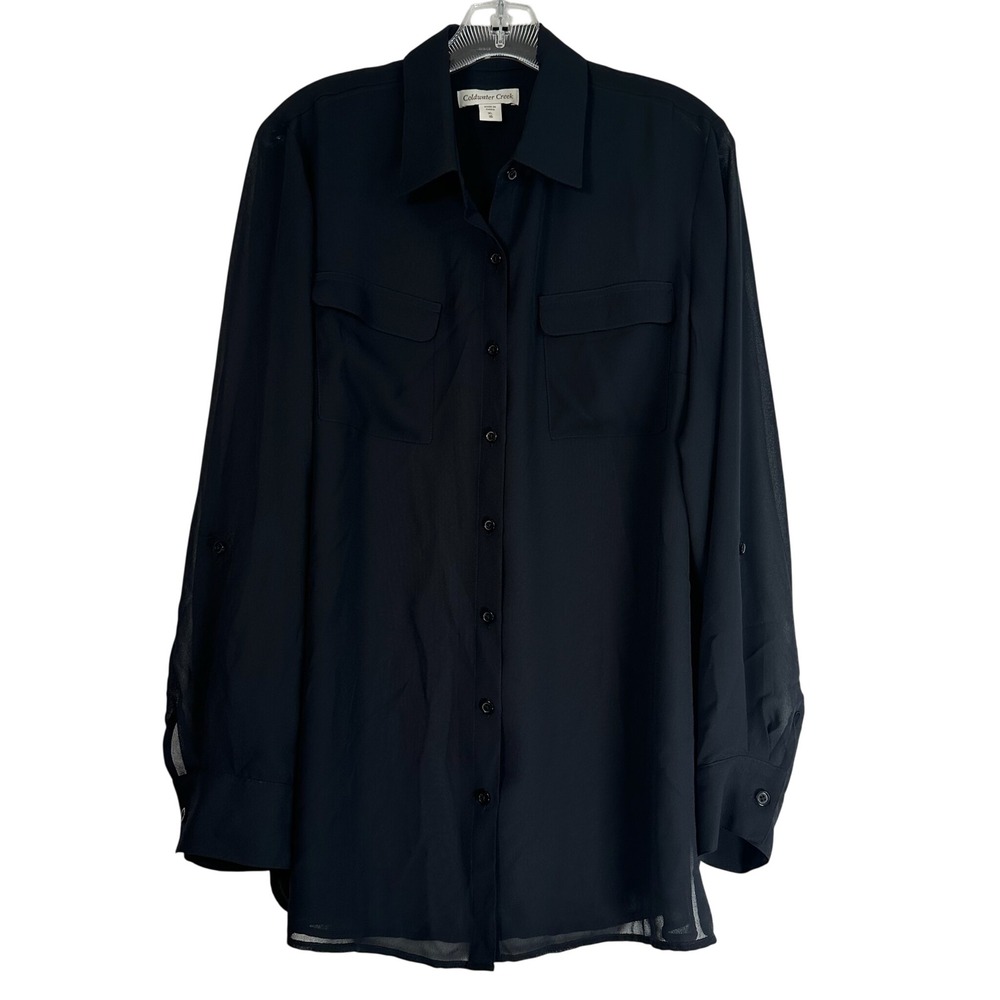 Coldwater Creek Black Chiffon Roll Tab Tunic Button Down Shirt XL 16 NEW